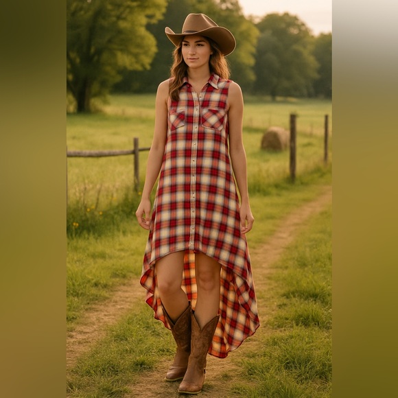 Shyanne Sleeveless Plaid Hi-Low Shirt Dress XXL Red Western Country Concert - Picture 1 of 8